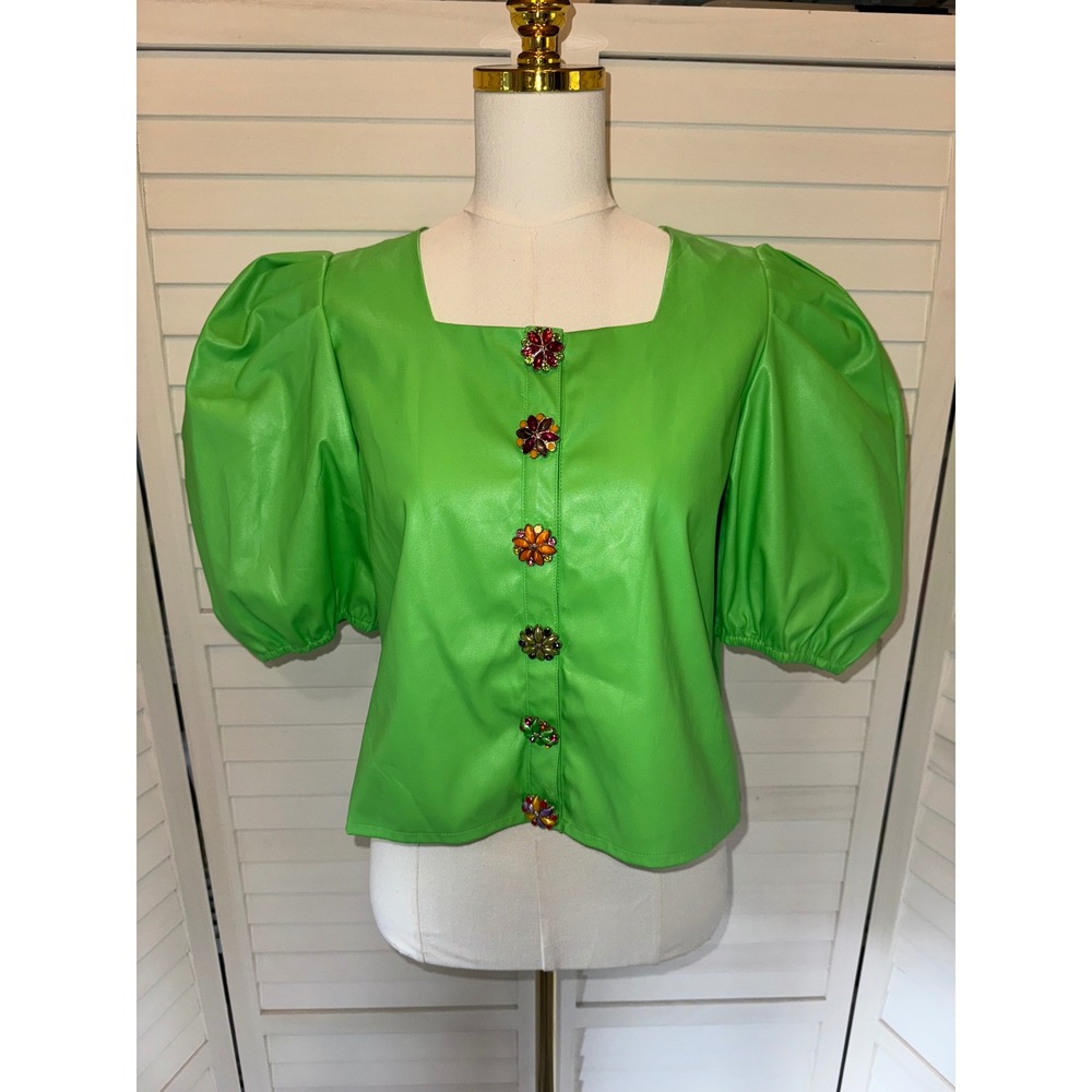Queen of Sparkles Faux Leather Top Women Neon Green Puff Sleeve Jewel Button M - Picture 2 of 8
